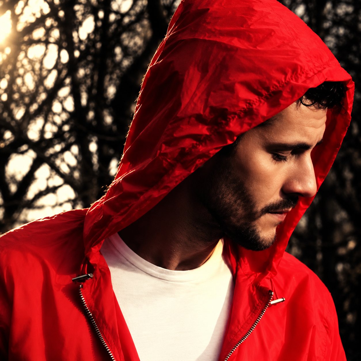LOVERUSH in a red hooded jacket